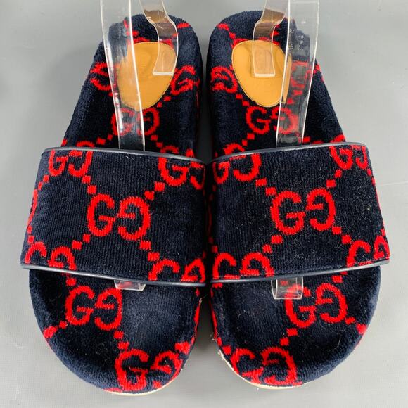 GUCCI Size 10.5 Black Red Guccissima Monogram Velvet Slip On Sandals - Picture 4 of 9